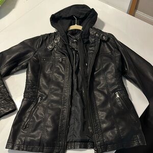 Faux leather jacket with removable zip in hoodie NEVER WORN.